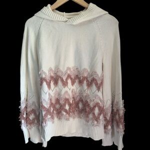 Chaser Hoodie Pullover Fringe Sweater Cream Brown Medium